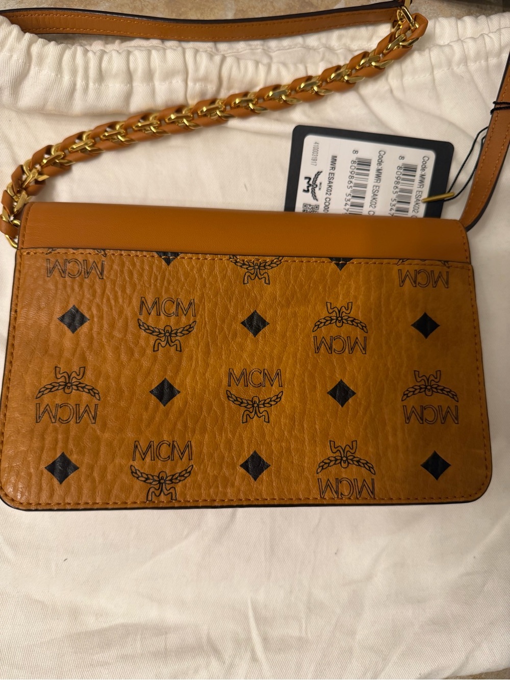 MCM Tan Visetos Crossbody Bag with Gold Chain Strap - Picture 4 of 12